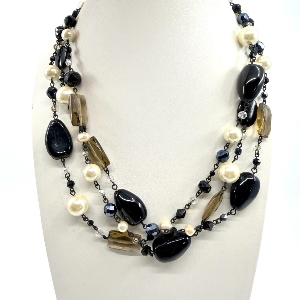 VTG Retro Black Onyx & Faux Pearl Multi-Strand Statement Necklace